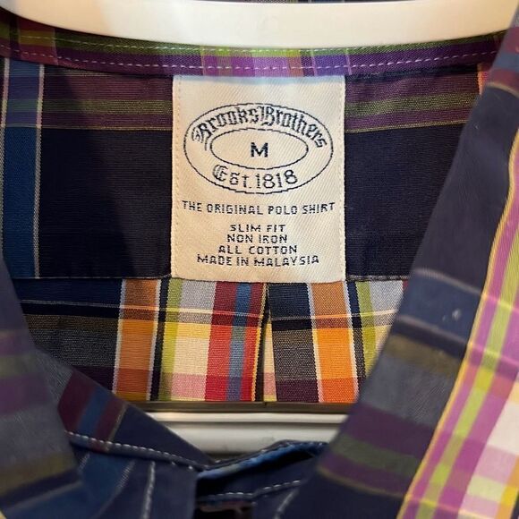 Brooks Brothers Men’s Med Slim Fit Non-Iron Button Down Dress Shirt Blue Orange - Picture 2 of 9